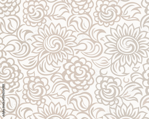 Seamless floral pattern featuring detailed flowers and flowing leaf accents in neutral colors for background.