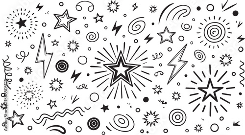 Black and white hand drawn doodle elements stars lightning bolts swirls and circles vector