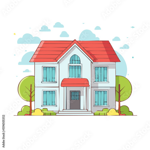 Two Story House with Red Roof, Yard, Bushes, and Trees Illustration