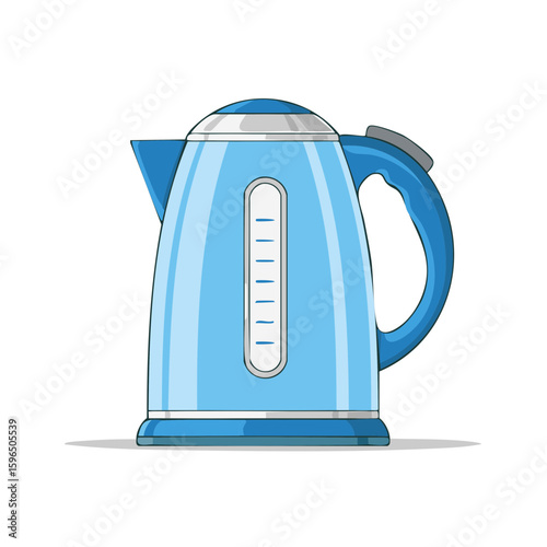 Illustration of a bright blue electric kettle with water level indicator for making coffee and tea