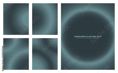 Assorted vector square bricks cyan halftone pattern set in vertical 4:5 aspect ratio including round frame and various smooth blurred textures. Varied mod geometric half tone textured design elements