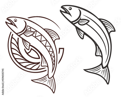 Two stylized salmon illustrations showing different angles and forms in a simple clean black line art.