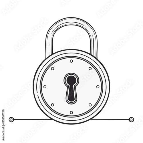 Black and White Outline of a Round Padlock with Keyhole Securely Attached to a Data Network Structure