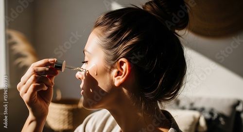 Young woman applying facial serum, sunlit room, skincare routine, natural light.