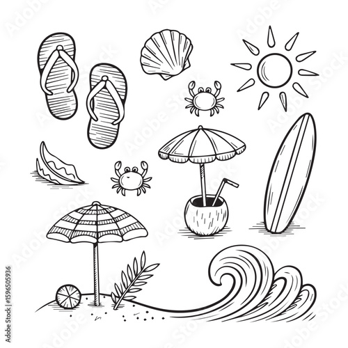Summer beach icons hand drawn doodle style flip flops surf board sun crabs umbrella