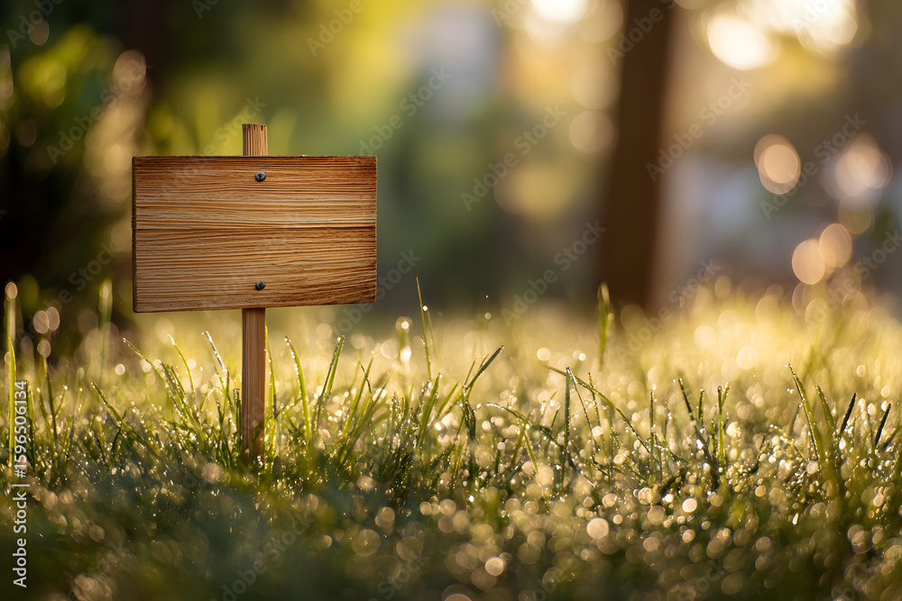Naklejka premium Wooden Sign on Dewy Grass with Soft Morning Light and Bokeh Effect