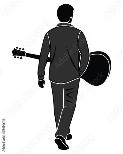 Silhouette of a musician walking away with a guitar musical instrument depicted in vector art