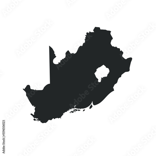 Simple Silhouette Map Illustration of a Republic in Southern Africa with Coastline and Border Details, Depicting Geography and Regions