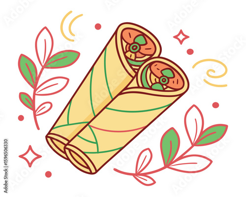 Two delicious spring rolls with decorative leaves presented in a vibrant and appealing illustration.