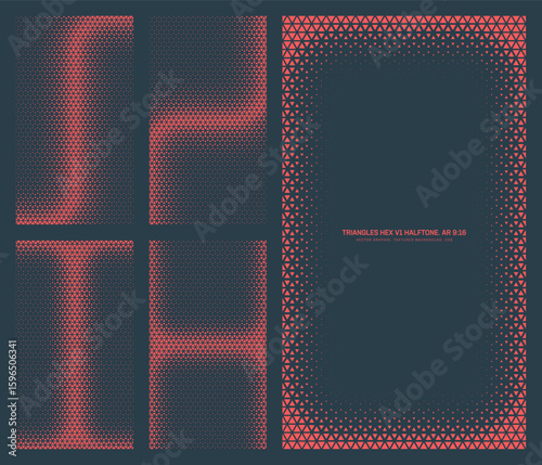 Assorted vector triangles hexagonal grid red black halftone pattern set in vertical 9:16 aspect ratio including rounded frame and various unique textures. Different half tone textured design elements