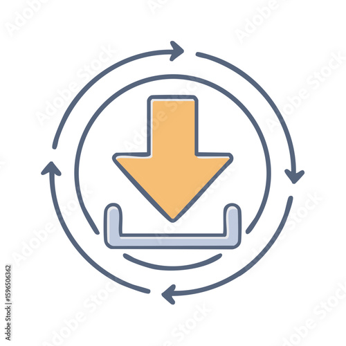Graphic design of arrow pointing downward into box with circular arrows for syncing or downloading