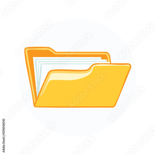 Yellow folder with paper sheets icon, file storage and document illustration