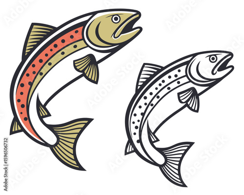 Illustration of two jumping fish in retro style with a color version and black and white outline.