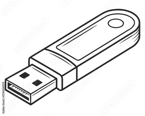 Simple black and white line art illustration of a usb flash drive, pen drive icon for data storage.