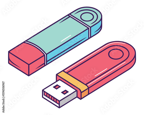 Colorful isometric illustration usb flash drive and pen drive isolated on white background. pen drive, usb drive, flash drive, data storage.