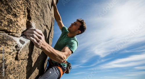 Determined Rock Climber Ascending Cliff Face Under Blue Sky