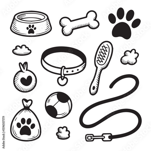 Collection of hand-drawn dog accessories including a leash, collar, food bowl, and toys.