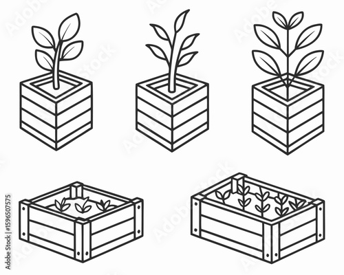 Vector illustration of various potted plants and gardening planters in a line art design.