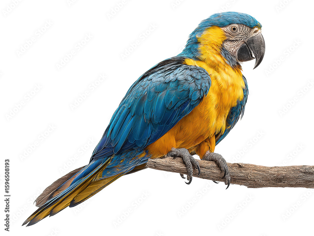 Fototapeta premium Colorful macaw parrot perched on branch nature isolated on transparent background