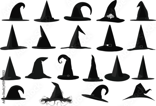 Cad drawing flat vector illustration, witch hat silhouette set, Halloween costume design, magical headwear icons, spooky accessories, black graphic art