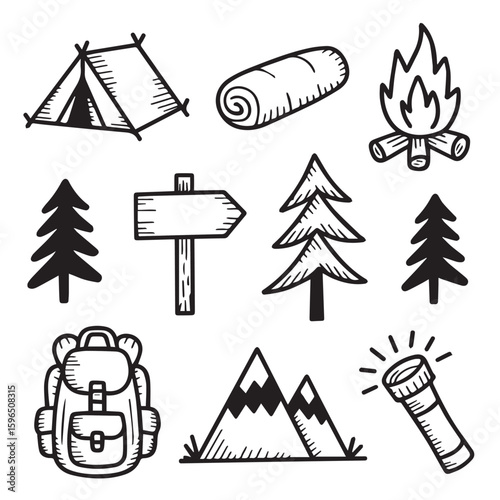 Hand drawn camping icons including tent, sleeping bag, campfire, trees, signpost, backpack, mountains and flashlight