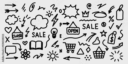 Black and white doodle icon set related to shopping and business. Hand-drawn style includes sale tags, shopping carts, price labels, arrows, symbols, and speech bubbles. Ideal for e-commerce.