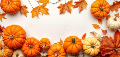 Various sized pumpkins, gourds, and dried autumn leaves arranged on a white background  ,   arrangement,   holiday