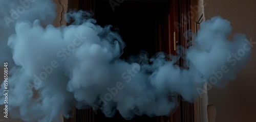Thick, grey smoke pours from a dark doorway, obscuring the interior,  danger,  grey