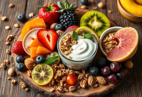 Vibrant fruit, yogurt, granola, nuts & seeds artfully arranged on rustic wood,   vibrant,   appetizing