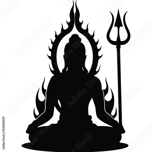 Silhouette illustration of lord shiva in a meditative pose with a trishul and divine aura.
