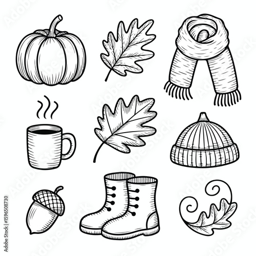 Autumn season elements collection including pumpkin, leaves, scarf, hat, boots, and hot drink.