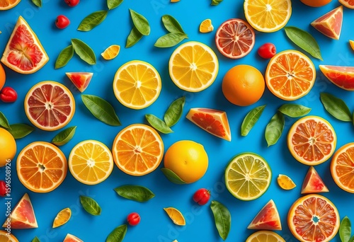 Vibrant seamless pattern of fresh citrus fruits on a blue background,  marketing,  print