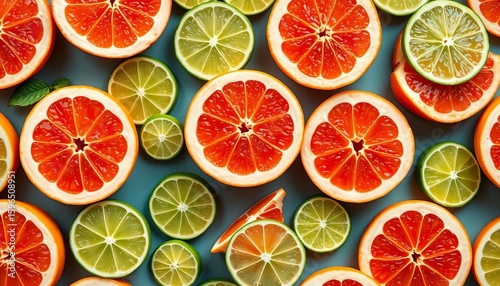 Vibrant seamless pattern of juicy grapefruit and lime slices , still life, design element