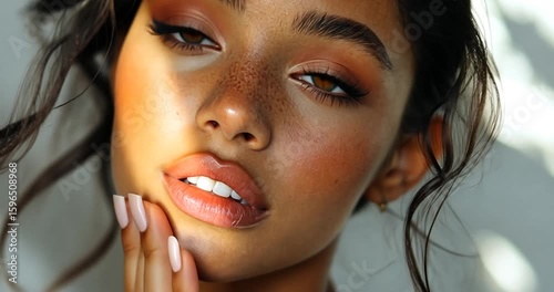 Woman's Face Illuminated By Sunlight Showing Freckles And Natural Makeup