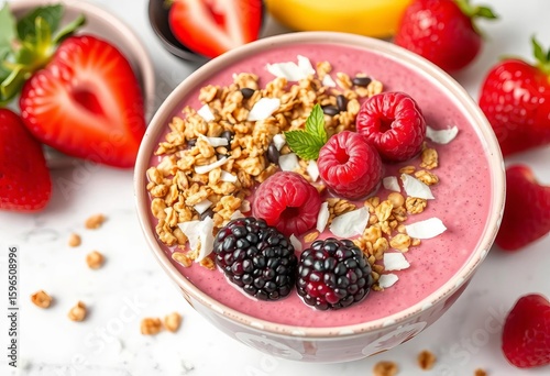 Vibrant smoothie bowl topped with granola, coconut flakes, blackberries & raspberries ,   delicious food,  gluten free