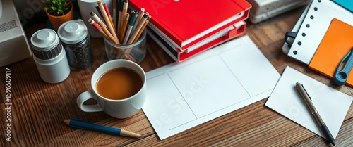 Warm coffee beside organized office supplies on rustic wood,  overhead,  comfortable