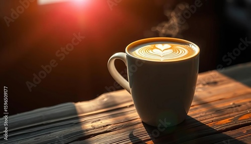 Warm morning light illuminates a cappuccino with latte art in a cup on rustic wood, latte art,  design