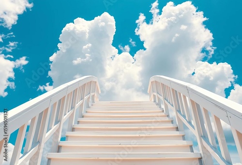 White wooden stairs ascend against a vibrant blue sky with fluffy clouds,  perspective,  airy