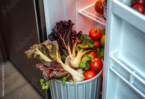 Wilted lettuce and tomatoes discarded in kitchen trash can near open refrigerator,  garbage,  expired