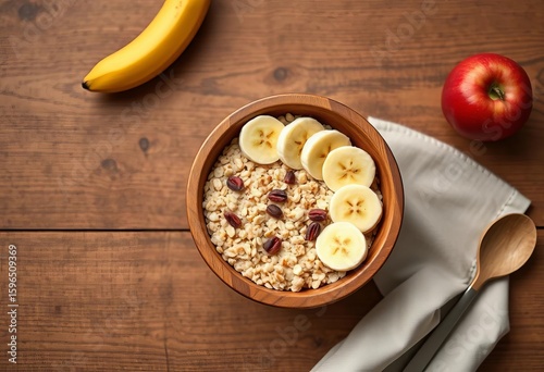 Wooden bowl, oatmeal, banana slices, minimalist flat lay, breakfast,  wooden, oatmeal