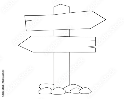 Simple hand drawn wooden signpost with two directional arrows and decorative rocks.