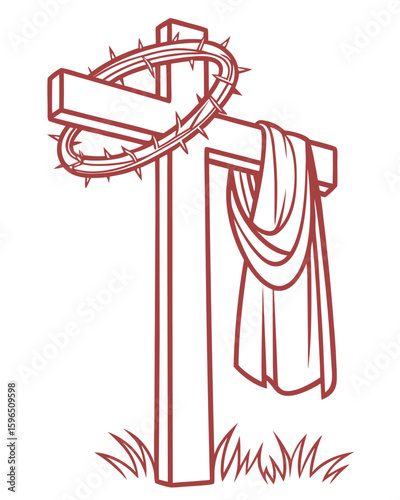 Symbolic religious vector illustration depicting a cross with a crown of thorns and drapery.