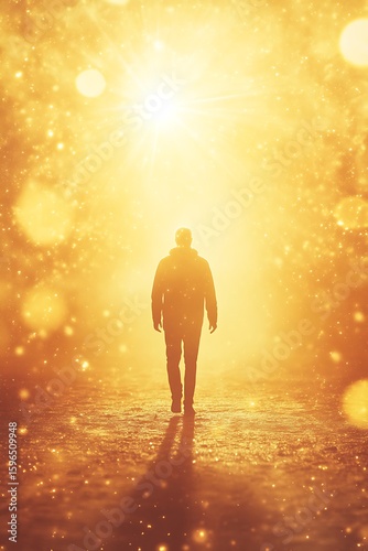Silhouette of a Person Walking Towards a Glowing Golden Light