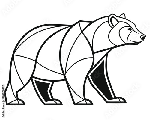 Modern black and white geometric illustration of a walking grizzly bear in profile.