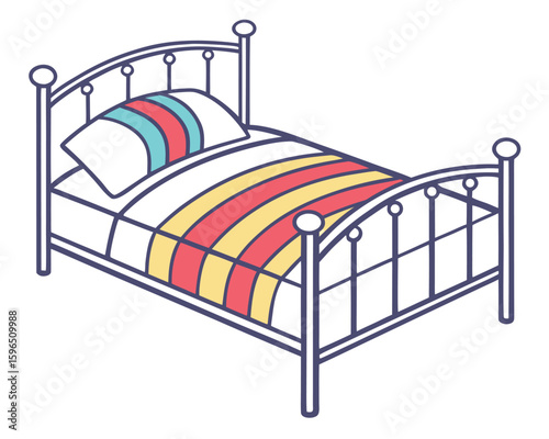 Colorful isometric illustration of a cozy bed with pillow and striped bedding.