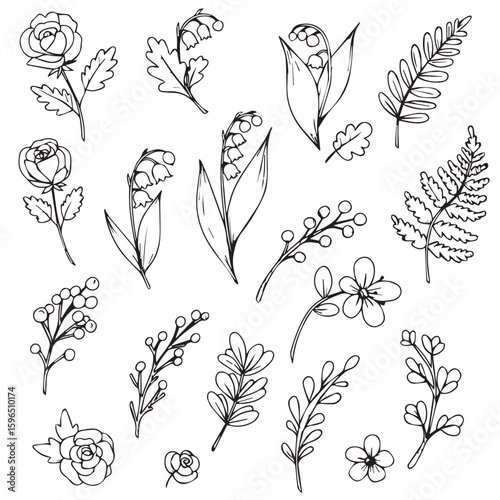 Delicate line drawings of botanical elements including roses, lily of the valley, and ferns