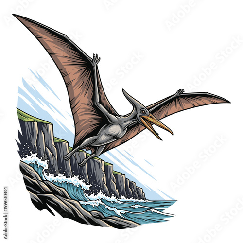 Pterodactyl Gliding Over Cliffs Illustration isolated on white background