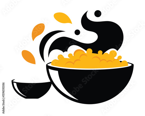 Abstract illustration of a bowl overflowing with golden food and abstract design elements.