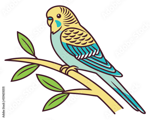 Colorful illustration of a budgerigar perched on a branch with leaves against a white background.
