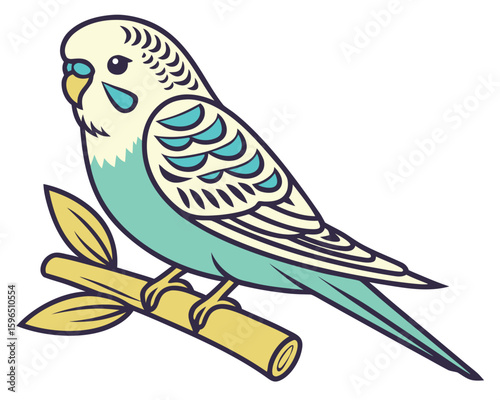 Colorful vector illustration of a budgerigar perched on a branch with leaves.